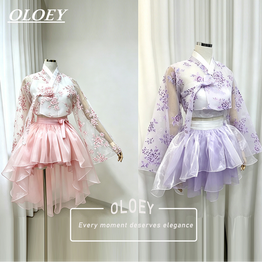 Hanbok Modern Set - OLOEY فستان هانبوك كوري قصير بطبعة